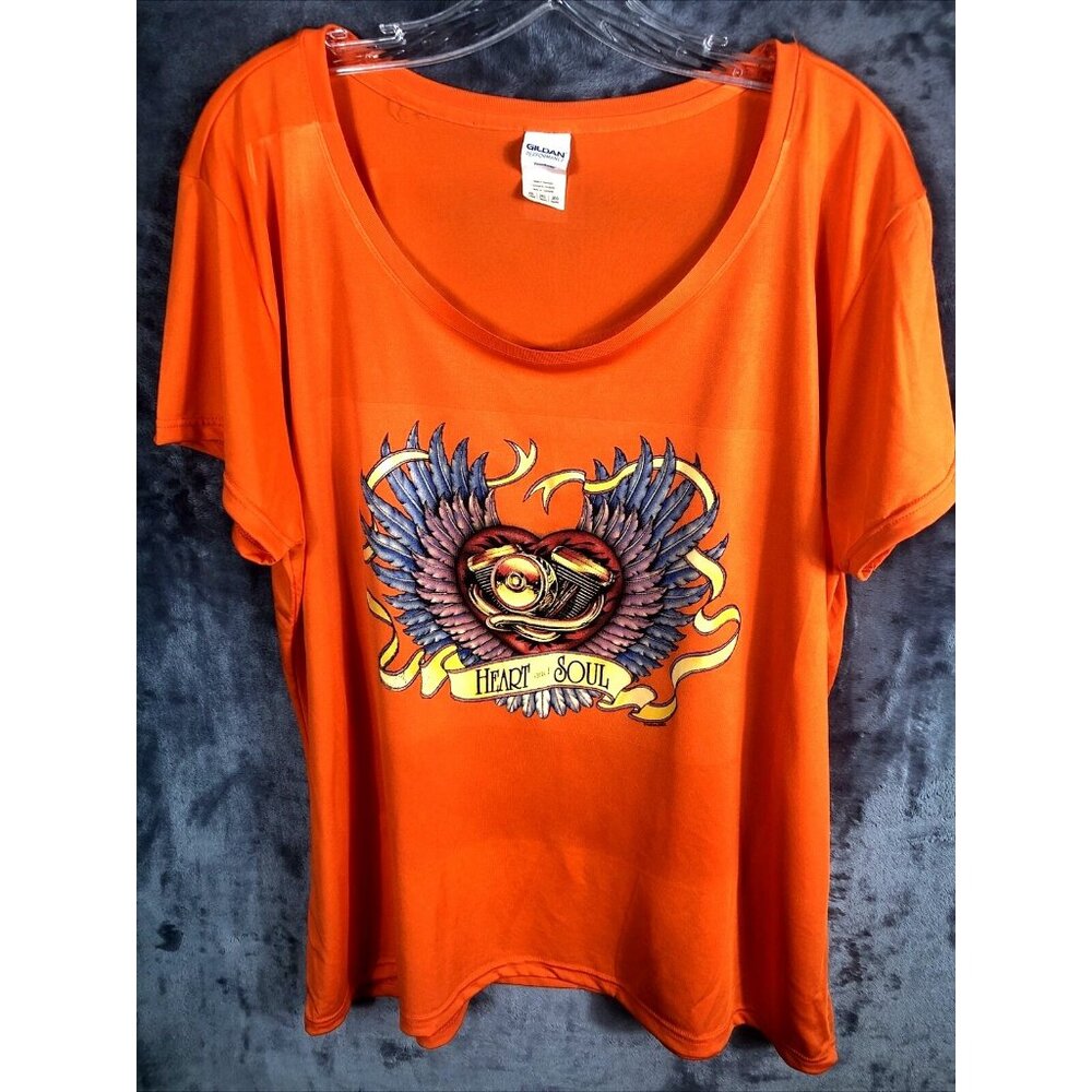 Orange Gildan Heart And Soul T-Shirt With Winged Motorcycle Engine Graphic Print